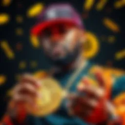 Rapper 50 Cent holding a gold Bitcoin symbol, celebrating his rediscovered fortune worth millions.