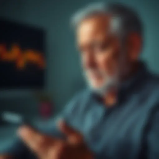 A 60-year-old man looking thoughtful while holding a smartphone with Bitcoin charts displayed, showing signs of regret about his investment decisions.
