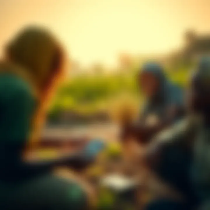A visual representation of B4E, Verra, and Shamba Records working together on sustainability initiatives, featuring farmers using technology for eco-friendly practices.