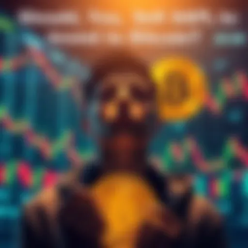 A person weighing options between selling Apple stock and investing in Bitcoin, with stock graphs and Bitcoin symbol visible