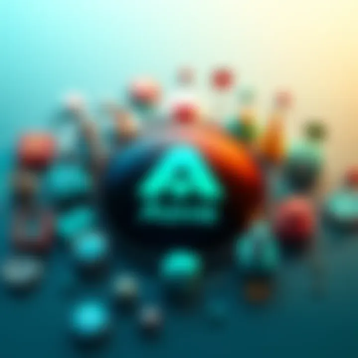 The Aave logo surrounded by icons representing different decentralized finance applications like lending, borrowing, and investment.