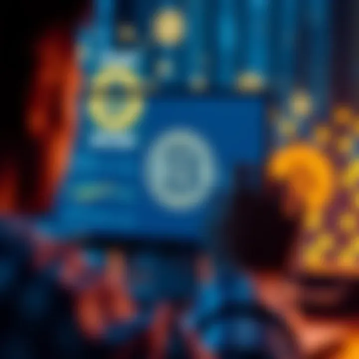 A person using a computer interface to access a Bitcoin wallet.json file, with digital currency symbols in the background.