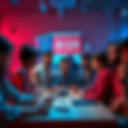 Graphic showing a group of diverse people brainstorming ideas for the Adobe India Hackathon