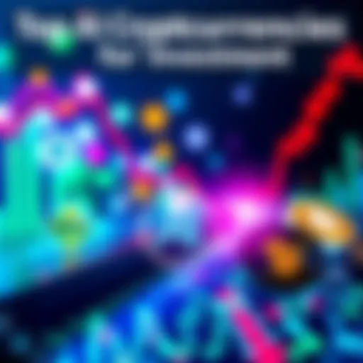 A collection of AI cryptocurrency logos with upward trend graphs and charts in the background, symbolizing potential growth in the market.