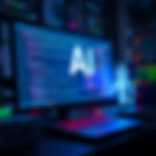 A visual representation of artificial intelligence assisting in smart contract auditing, showing a computer screen with code and AI elements like a robot icon.