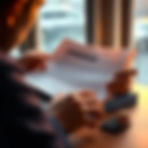 A person looking at a document about taxes on airdrops with a calculator and coins nearby