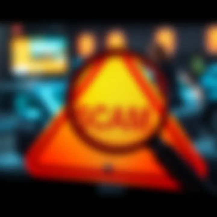 A magnifying glass over a warning sign representing a scam alert.