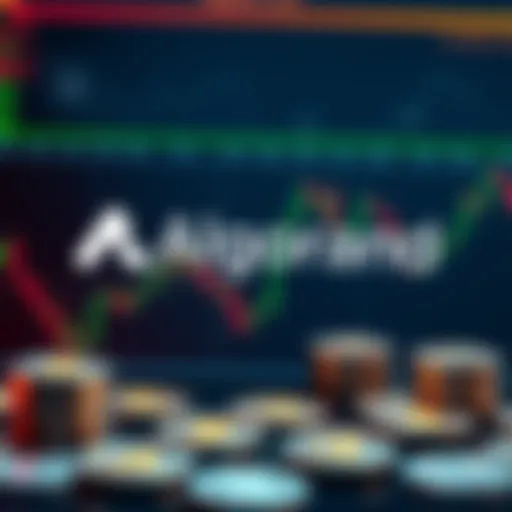Graphic showing Algorand logo with stock market charts and tokens representing stock assets.
