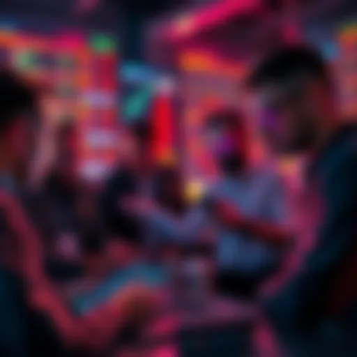 A group of traders discussing crypto signals on their devices, analyzing charts and market trends in a digital setting.