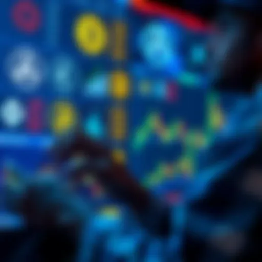 A person analyzing various altcoin logos on a digital screen, with graphs indicating price changes