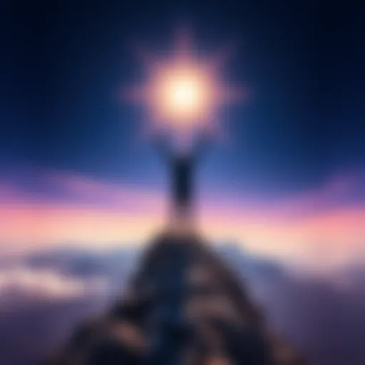 A person standing on top of a mountain, looking towards the horizon with arms raised, symbolizing achievement and ambition.