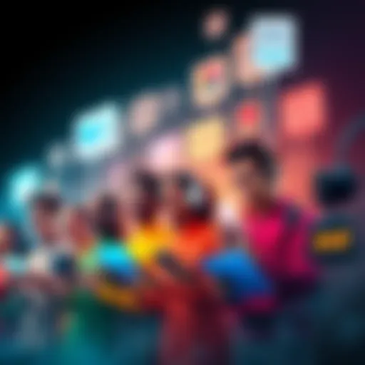 A diverse group of people using different communication devices to share their messages, with speech bubbles illustrating various channels like social media, email, and podcasts.