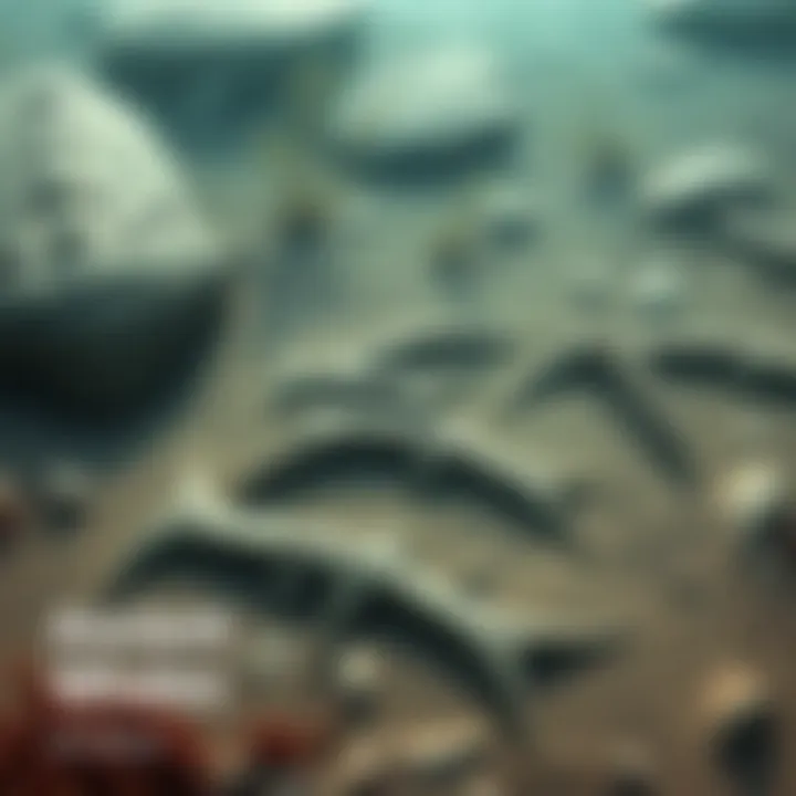 Fossilized remains of ancient whales found in a coastal area, showing bones partially buried in sand, surrounded by marine plants.