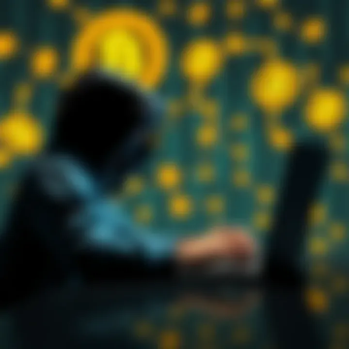 A person using a laptop to buy Bitcoin anonymously, with digital currency symbols in the background.