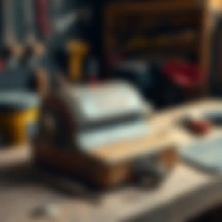 An antique item placed on a wooden workbench with tools nearby, showing signs of wear and potential for repair.