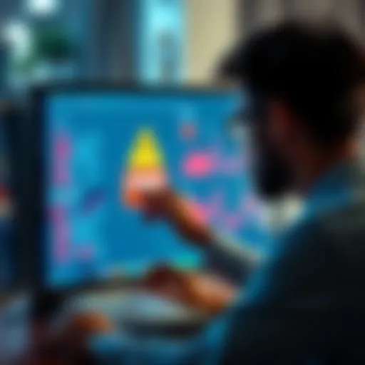 A person analyzing data on a computer screen showing a fake report warning and red flags