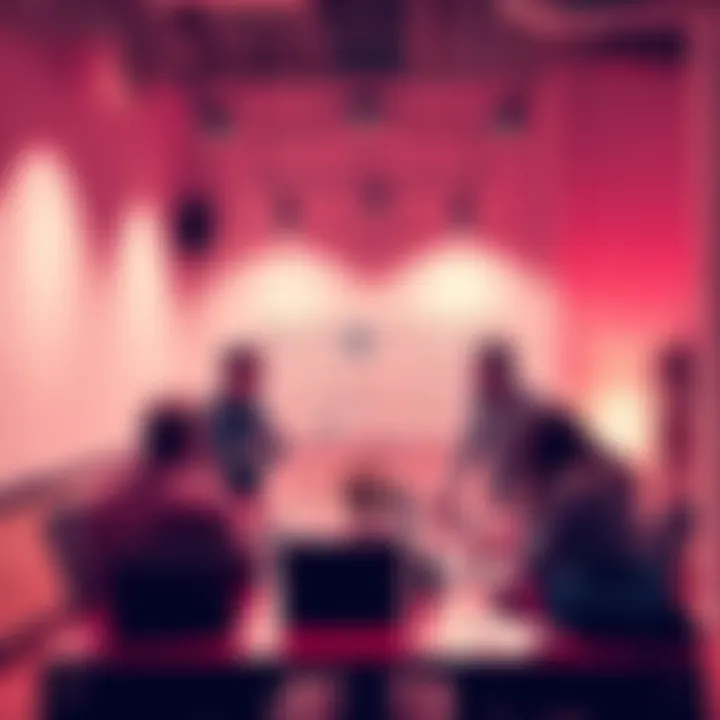 A group of app developers and project managers brainstorming together in a meeting room, with laptops open and ideas on a whiteboard.