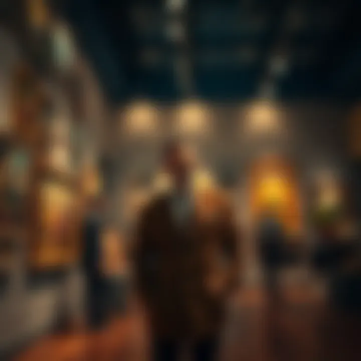 An art dealer stands confidently in front of an art gallery, showcasing their collection, while a figure in the background represents an NFT promoter who is hidden in shadows.