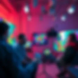 A group of artists discussing cryptocurrency and NFTs with digital art on screens around them in a bright studio