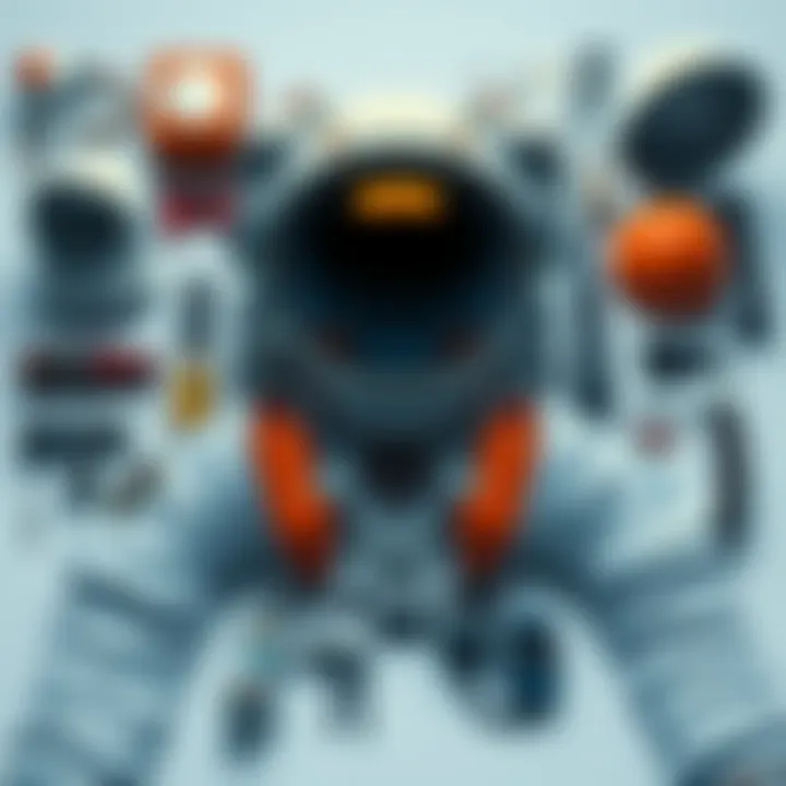 A display of various parts of an astronaut suit, including the helmet and oxygen tanks, humorously arranged with funny labels