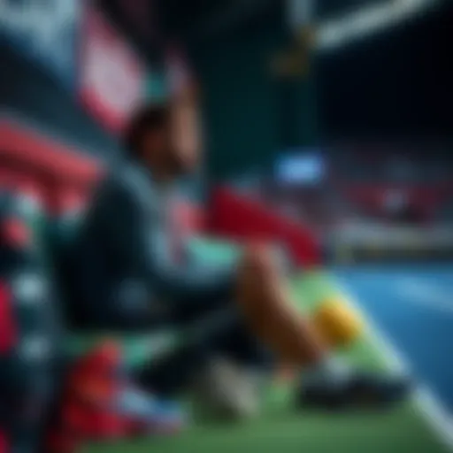 An athlete sitting on the bench, looking thoughtful after playing a single match, with sports gear visible around