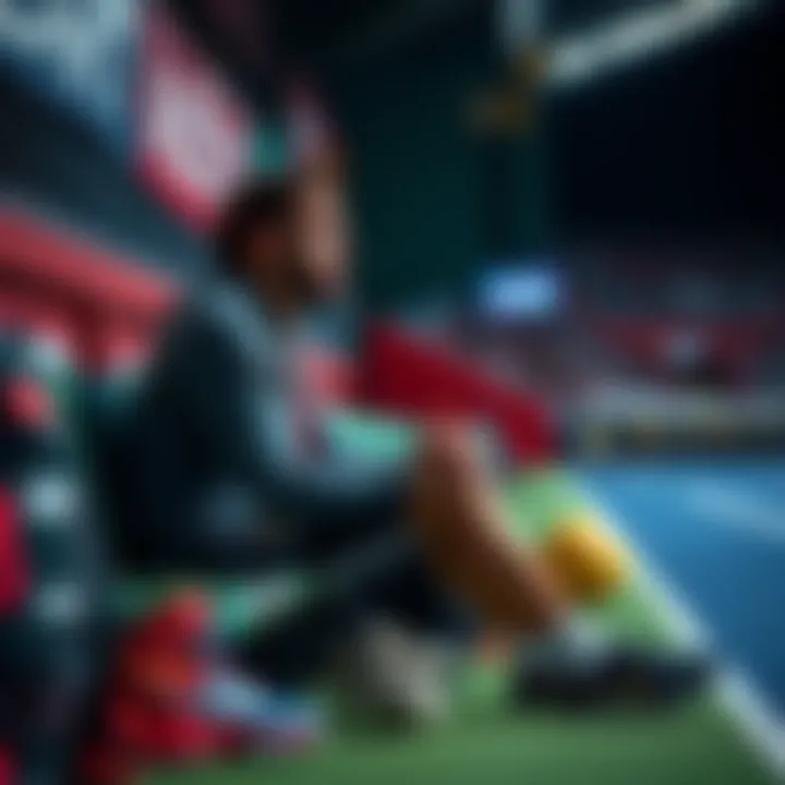 An athlete sitting on the bench, looking thoughtful after playing a single match, with sports gear visible around