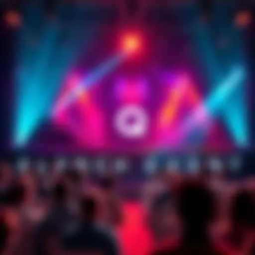 A crowd gathered at the Avalon Q launch event, showcasing the new tech device on stage with bright lights and excitement