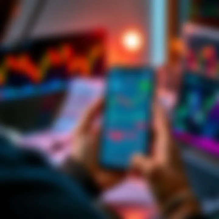 A close-up of a person holding a smartphone displaying cryptocurrency charts while sitting at a desk with financial reports and a laptop in the background