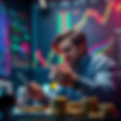 A trader examining charts and coins while frustrated with low returns on small investments, highlighting the impact of trading fees on memecoins.