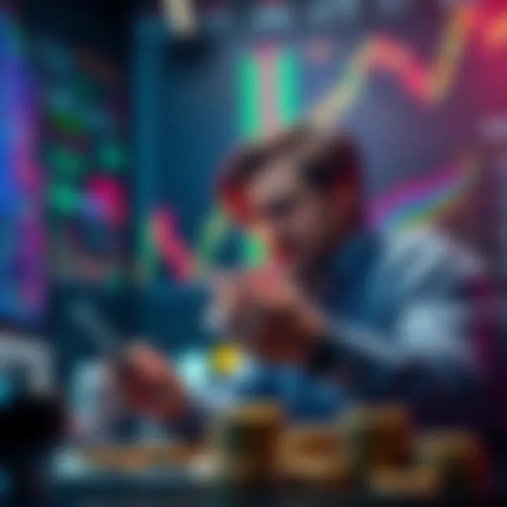A trader examining charts and coins while frustrated with low returns on small investments, highlighting the impact of trading fees on memecoins.