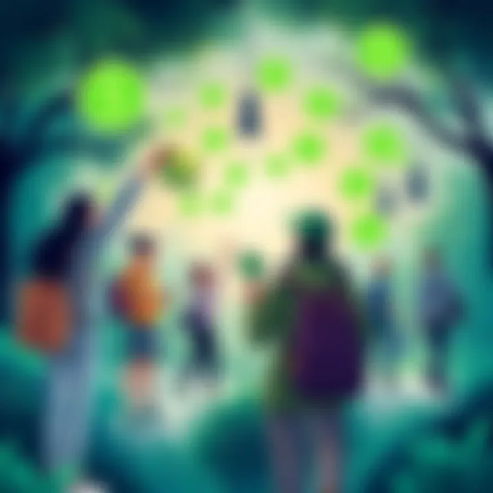 Illustration showing people engaging in eco-friendly activities while earning rewards through a digital platform. Green symbols representing carbon credits are featured.