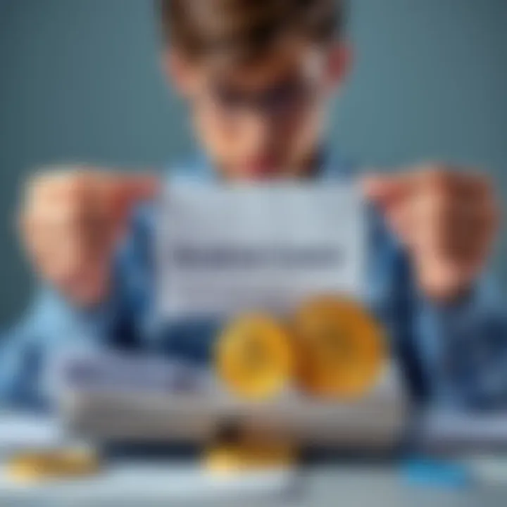 A person weighing options between a stack of student loan documents and Bitcoin symbols, illustrating the financial decision-making process.