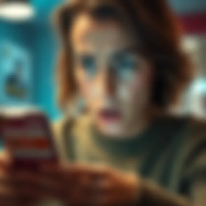 A frustrated person looking at their phone with a confused expression while showing a bank app displaying an error message about account non-existence.