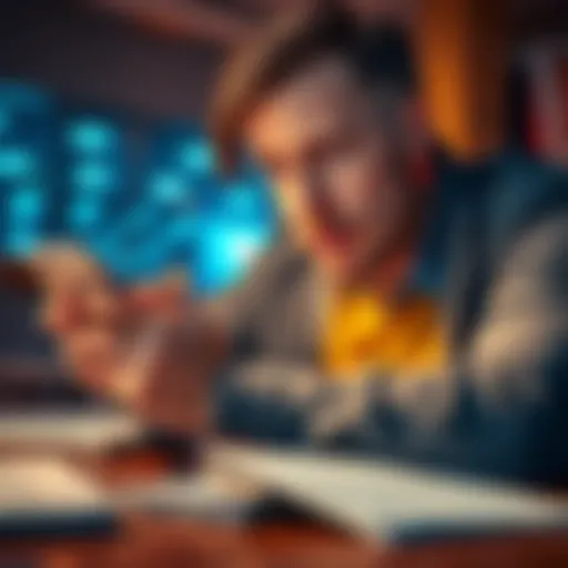 A person looking worried while checking their bank account on a smartphone with cash and paperwork beside them