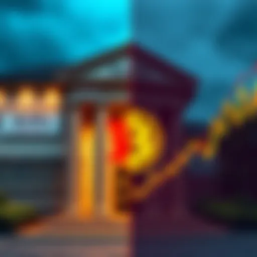 A split image showing a bank building with a low interest rate sign on one side and a Bitcoin chart with sharp fluctuations on the other side.