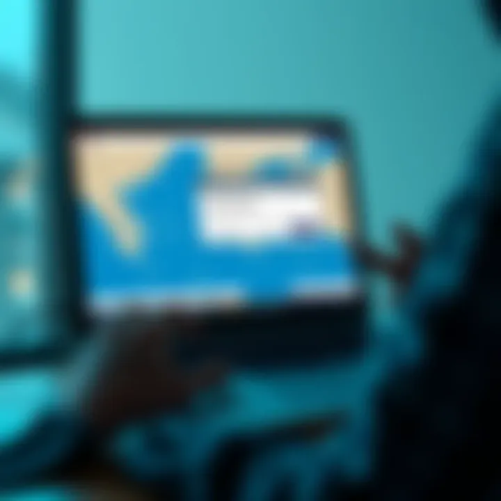 A person using a laptop to manage a bank account, looking at a screen showing an IBAN change notification with a map of Greece and Romania in the background.