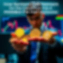 A banker examining gold coins and a cryptocurrency chart on a digital screen, representing strategies for financial protection.