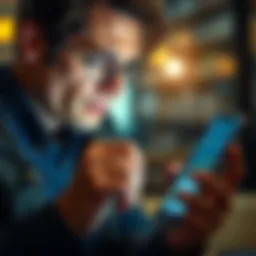 A person looking concerned while using a banking app on a smartphone, displaying charts and account details, reflecting unease about investments.
