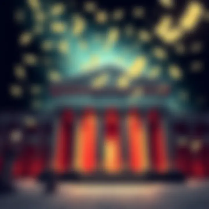 A visual of a bank building with illustrations of money rising from it, symbolizing money creation by banks.