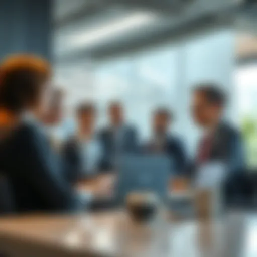 A group of professionals discussing banking reforms and consumer protection measures in a modern office setting.