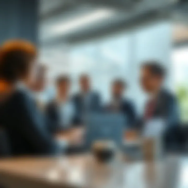 A group of professionals discussing banking reforms and consumer protection measures in a modern office setting.