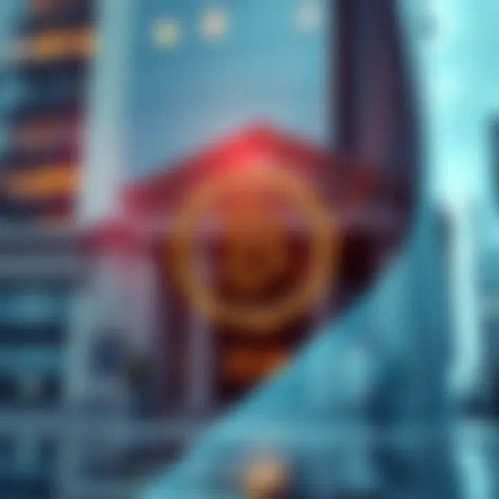 A bank building with a digital stablecoin symbol overlay, showing tension between traditional finance and digital assets