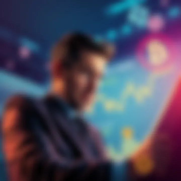 A worried bank manager looking at charts depicting yield-bearing stablecoins and traditional banking models, with digital currency symbols in the background.