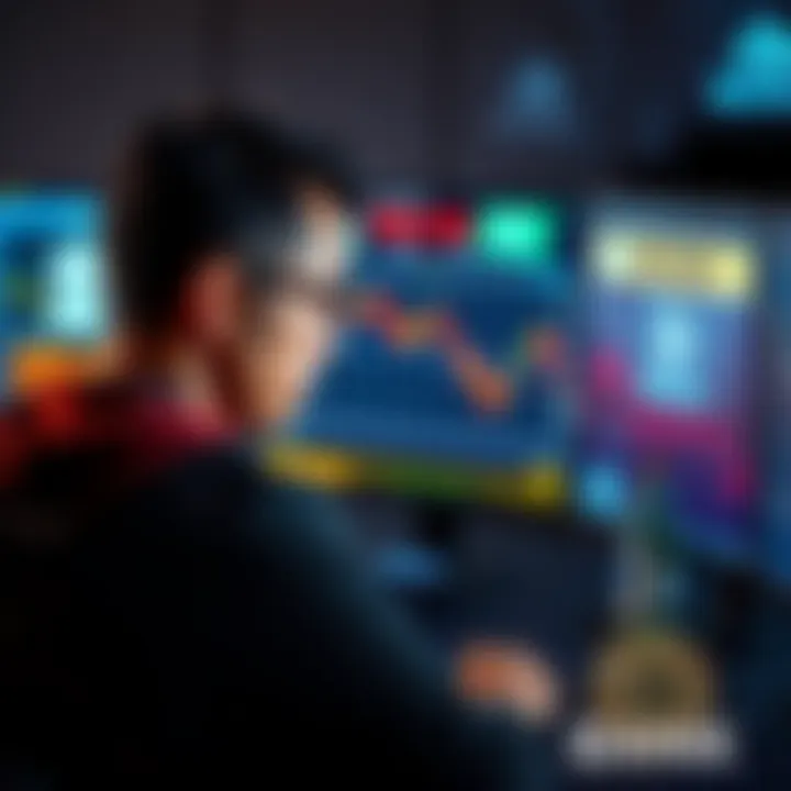 A worried investor looking at a computer screen displaying a cryptocurrency market decline with bank logos in the background.