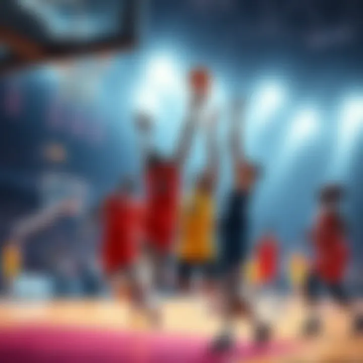 A group of basketball players jump for a rebound during a close game, showcasing competitive team dynamics.