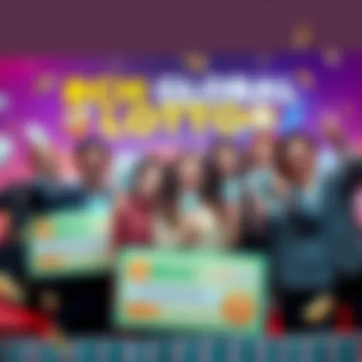 A group of happy lottery winners holding their cash prizes and celebrating together