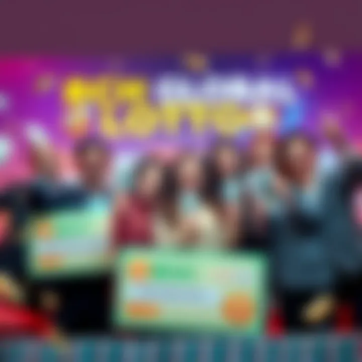 A group of happy lottery winners holding their cash prizes and celebrating together