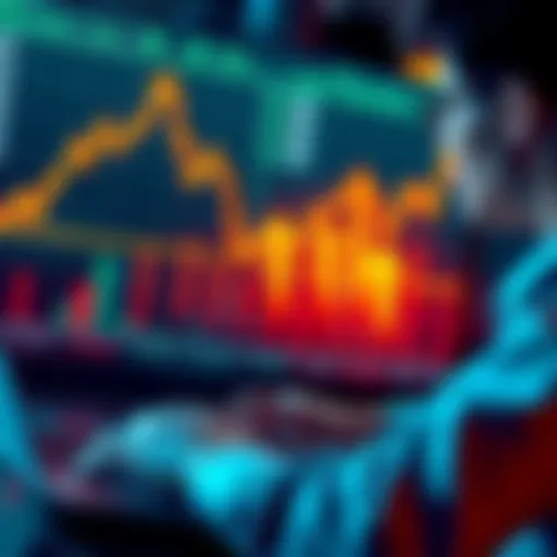 A trading chart showing BCH market trends with upward and downward arrows symbolizing changes in value, alongside a person analyzing the data on a laptop.