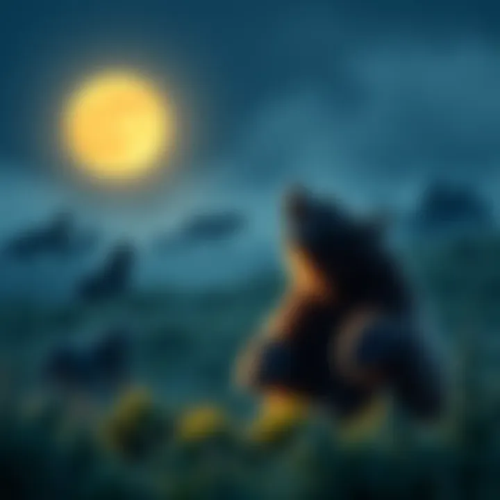 A bear in a natural habitat reacting to the haunting awoooo call under a full moon