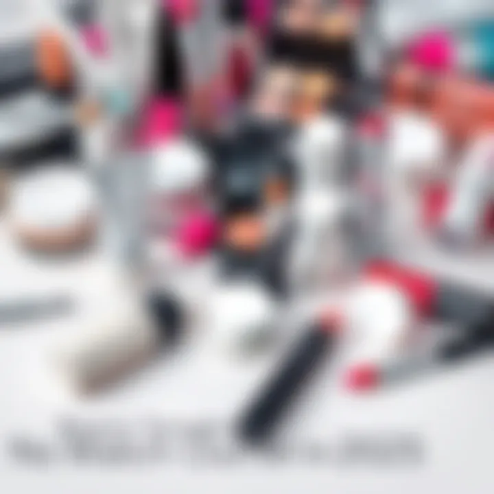 An assortment of popular beauty products and makeup tools on a clean surface, showcasing skincare creams, lipsticks, and brushes.